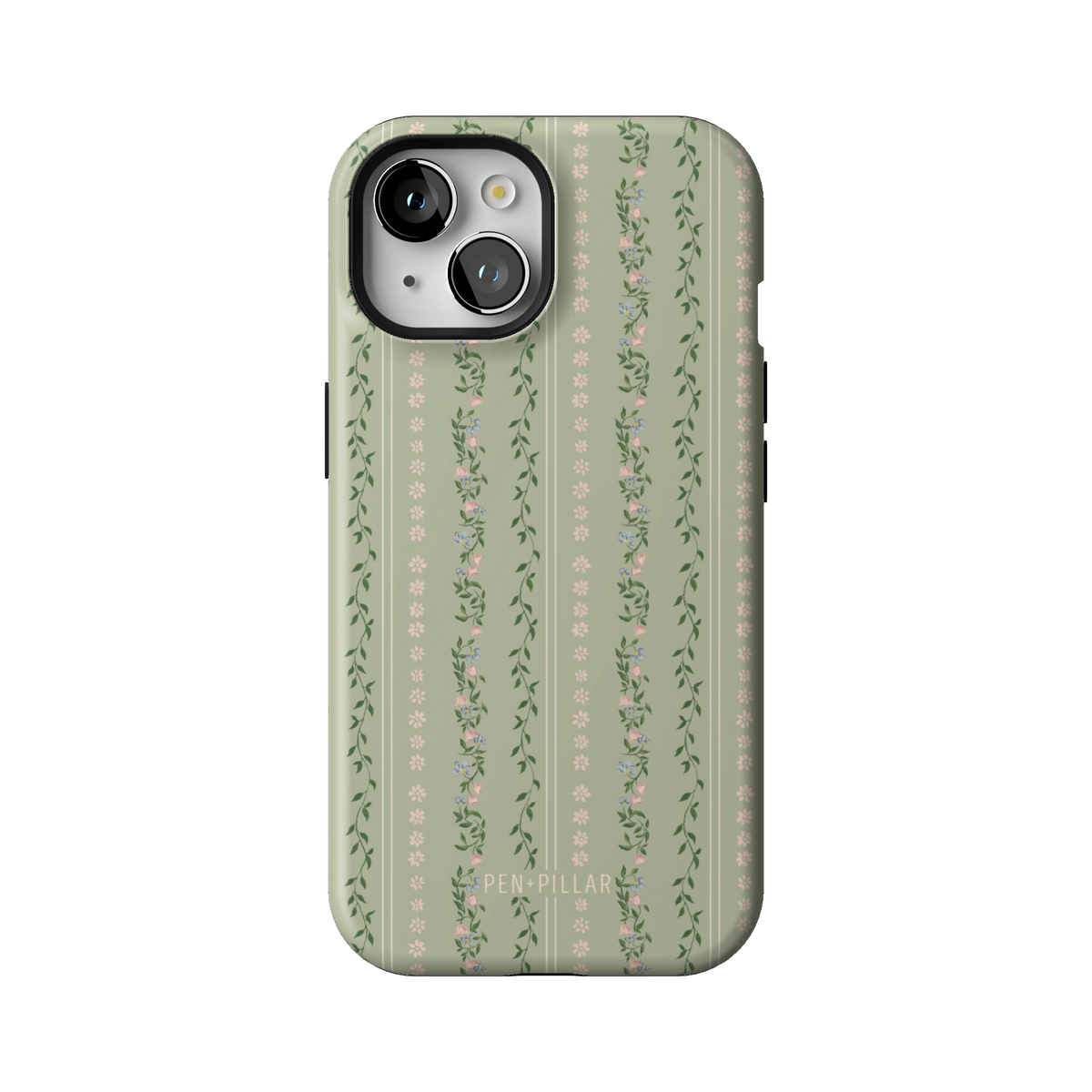 Camellia case on iPhone 15, back view: sage green with soft floral stripes
