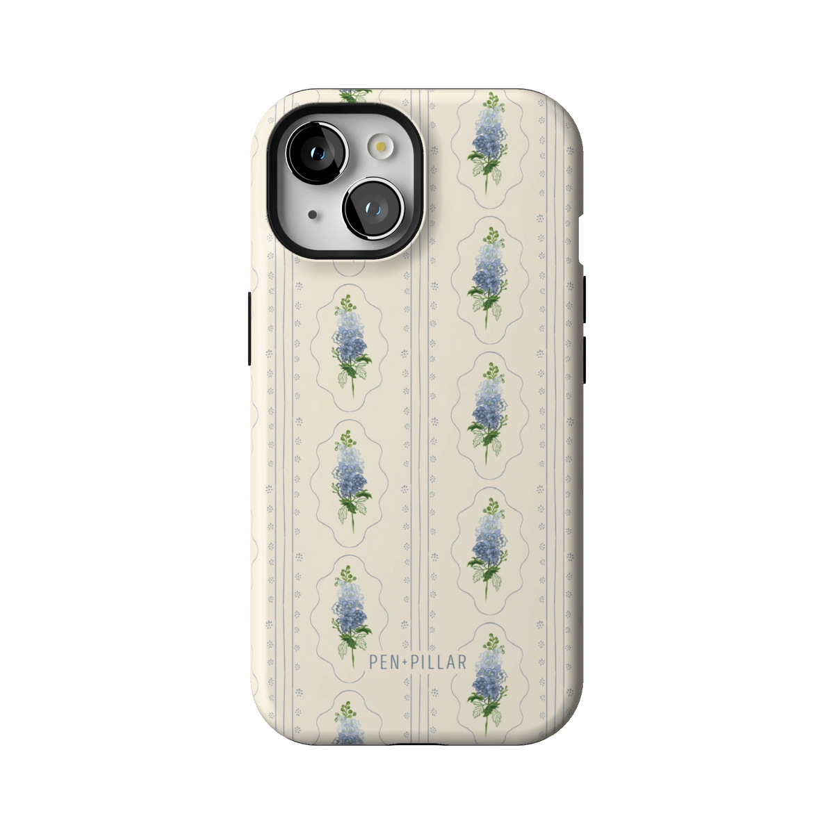 July Birth Month case on iPhone 15, back view: blue larkspur in cream frames
