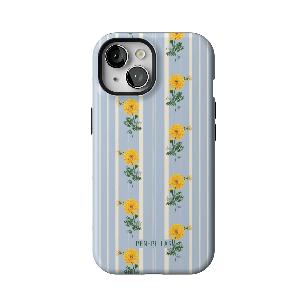 October Birth Month case on iPhone 15, back view: yellow marigolds on blue and cream stripes