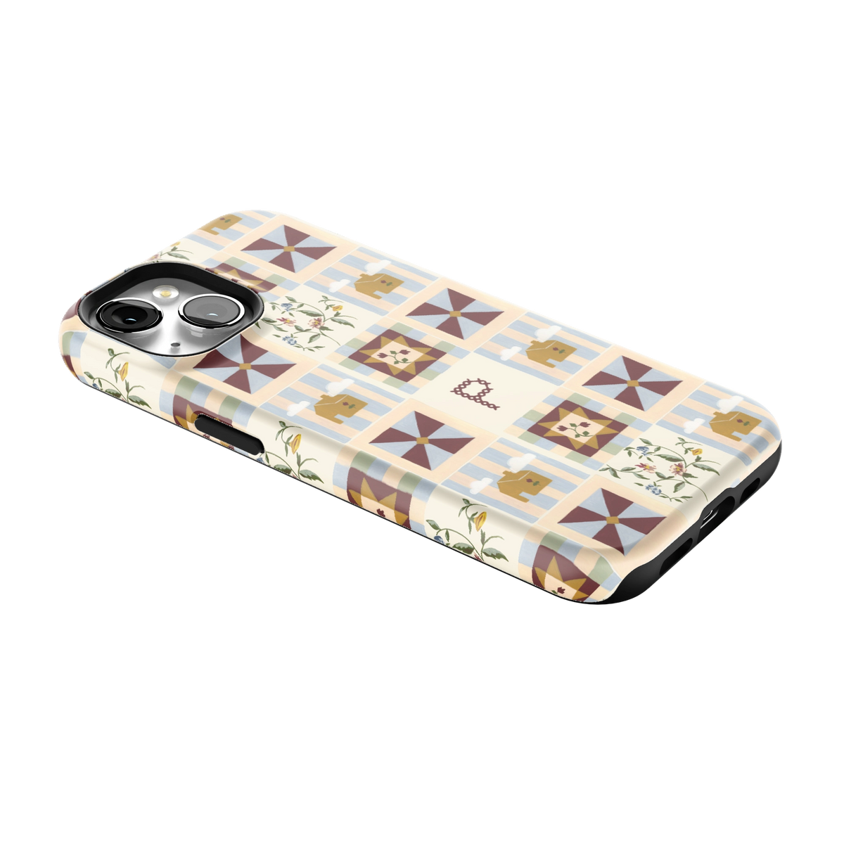 Pinwheel Personalized iPhone 15 case lying at an angle, showing the side buttons and print wrapping the edges