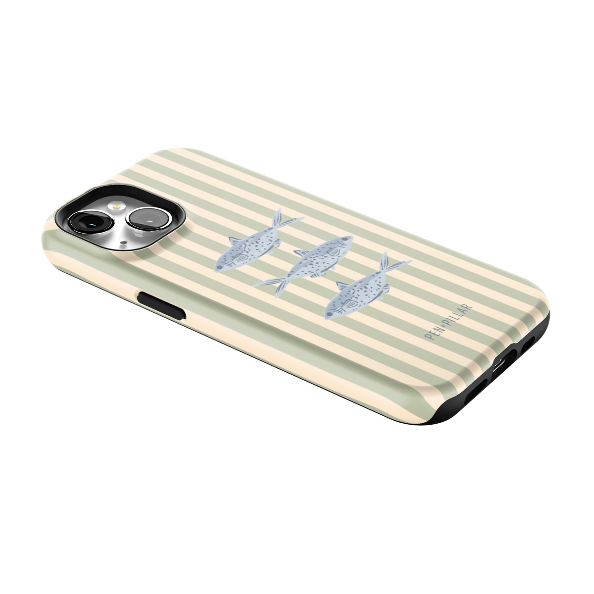 Sea Stripes iPhone 15 case lying at an angle, showing the side buttons and print wrapping the edges