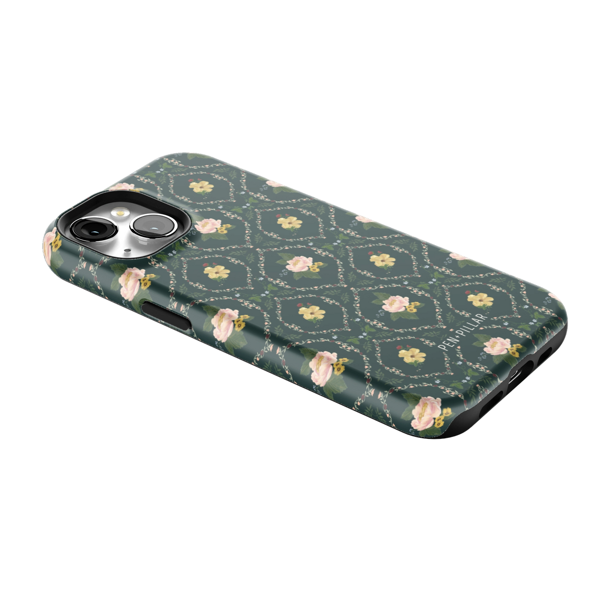 Meadow iPhone 15 case lying at an angle, showing the side buttons and print wrapping the edges