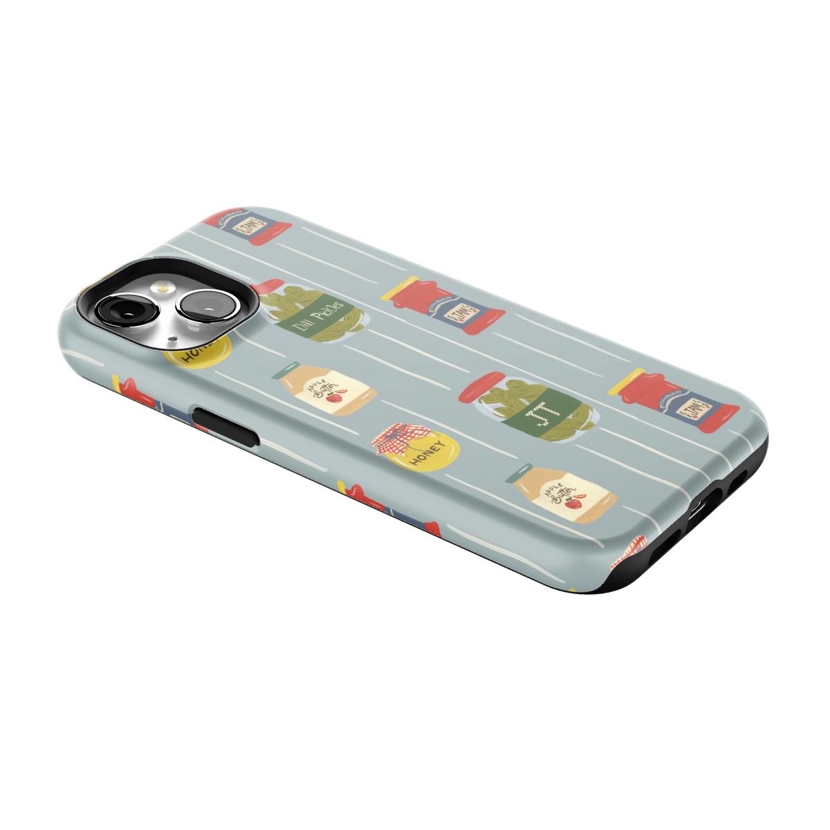 Preserves Personalized iPhone 15 case lying at an angle, showing the side buttons and print wrapping the edges
