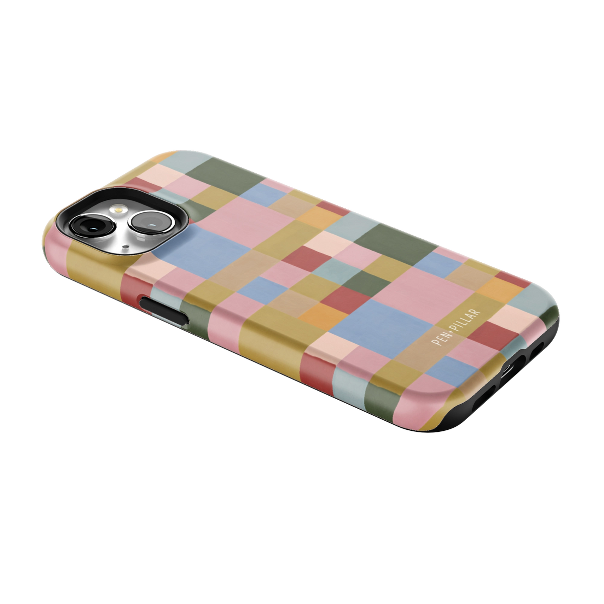 Colorblock iPhone 15 case lying at an angle, showing the side buttons and print wrapping the edges