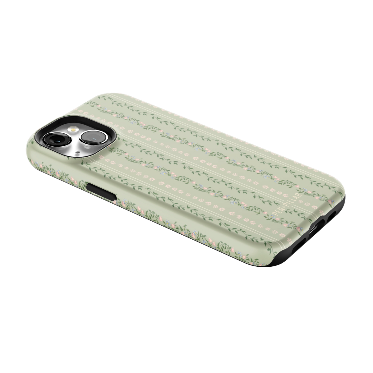 Camellia iPhone 15 case lying at an angle, showing the side buttons and print wrapping the edges