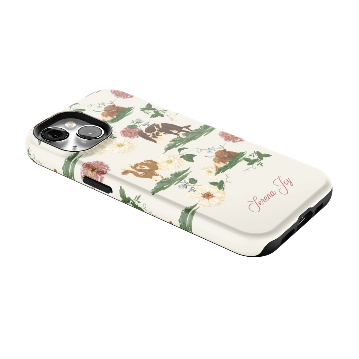 Pasture Personalized iPhone 15 case lying at an angle, showing the side buttons and print wrapping the edges