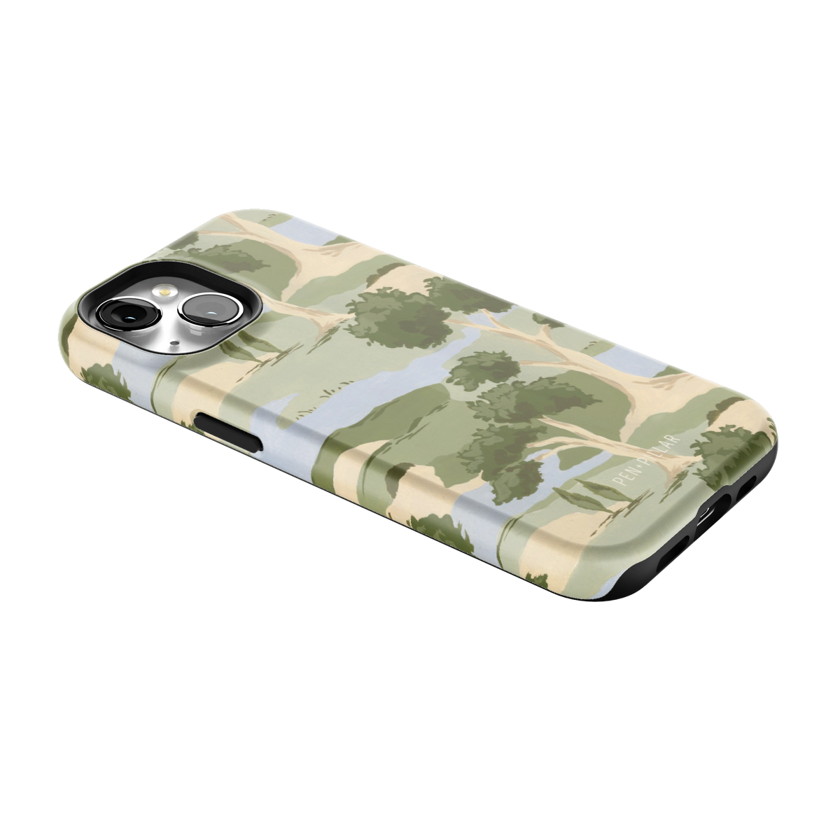 Orchard iPhone 15 case lying at an angle, showing the side buttons and print wrapping the edges