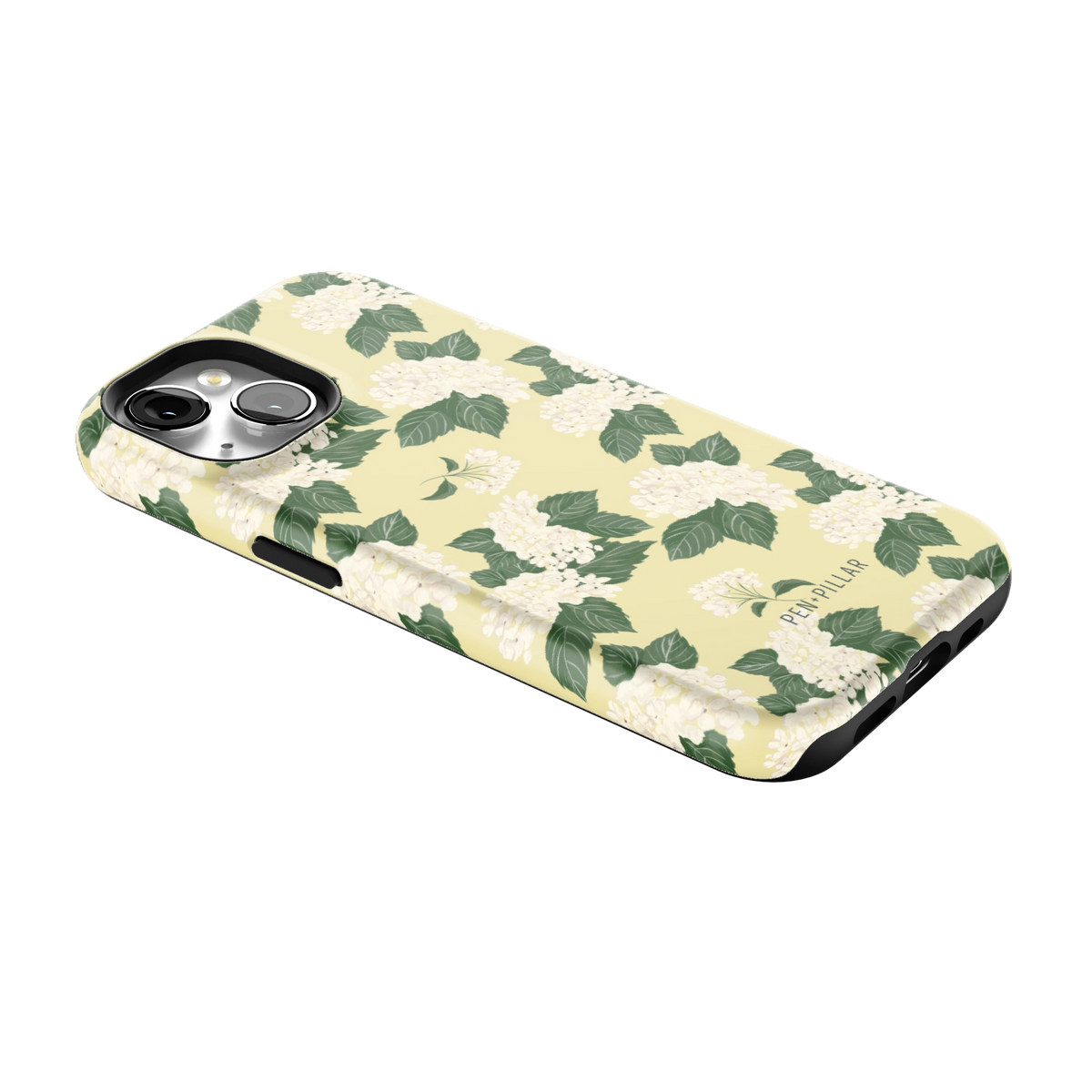 Hydrangea iPhone 15 case lying at an angle, showing the side buttons and print wrapping the edges