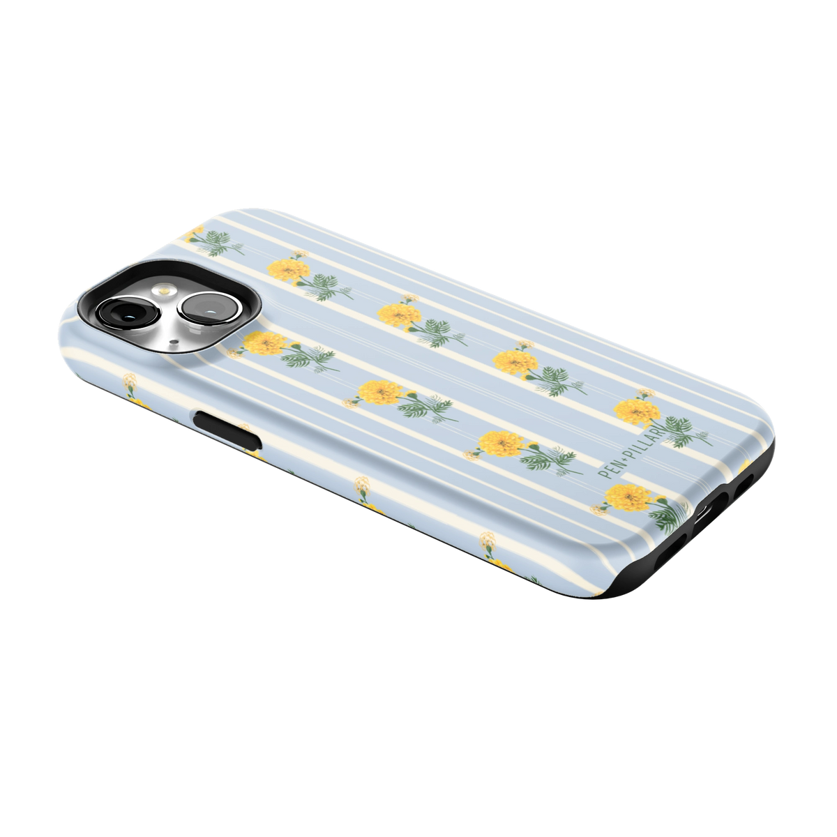 October Birth Month iPhone 15 case lying at an angle, showing the side buttons and print wrapping the edges