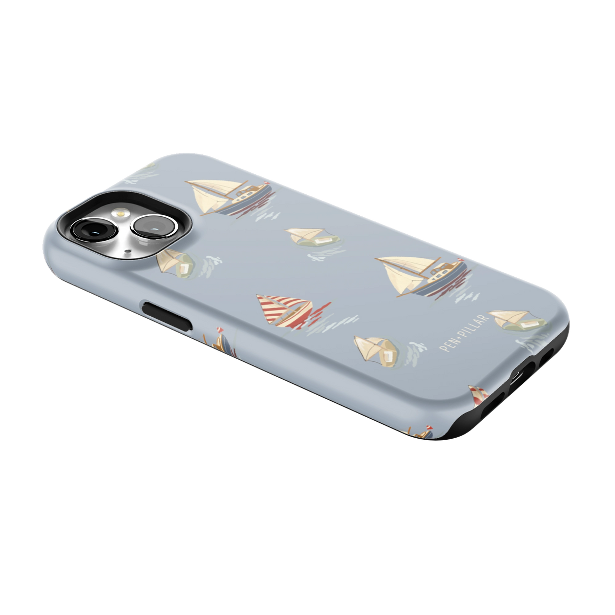 Harbor iPhone 15 case lying at an angle, showing the side buttons and print wrapping the edges
