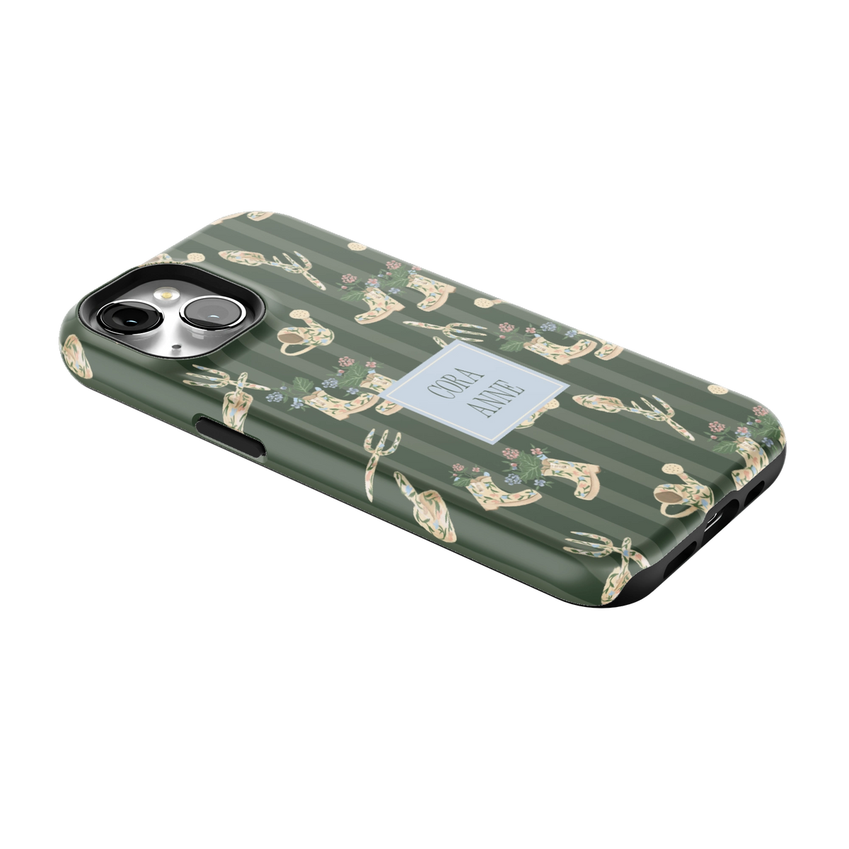 In the Garden Personalized iPhone 15 case lying at an angle, showing the side buttons and print wrapping the edges