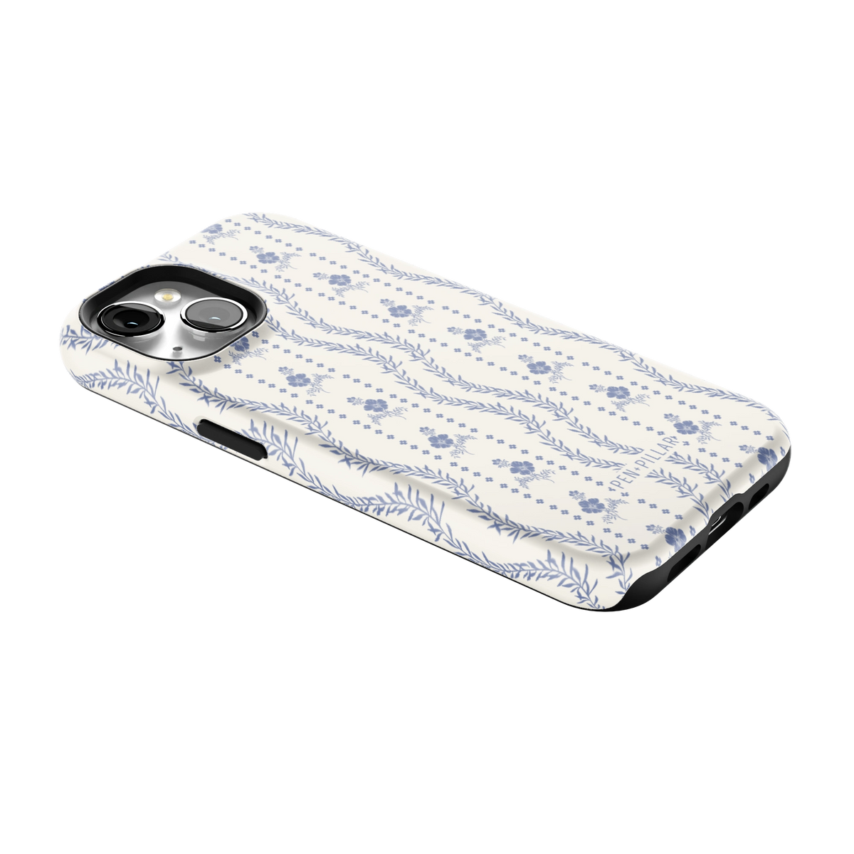 Riviera iPhone 15 case lying at an angle, showing the side buttons and print wrapping the edges