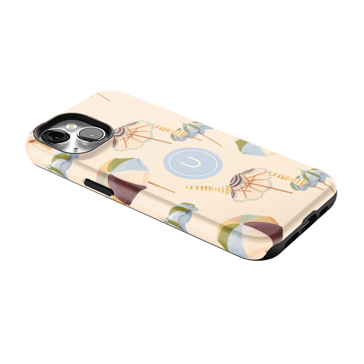 Umbrellas Personalized iPhone 15 case lying at an angle, showing the side buttons and print wrapping the edges