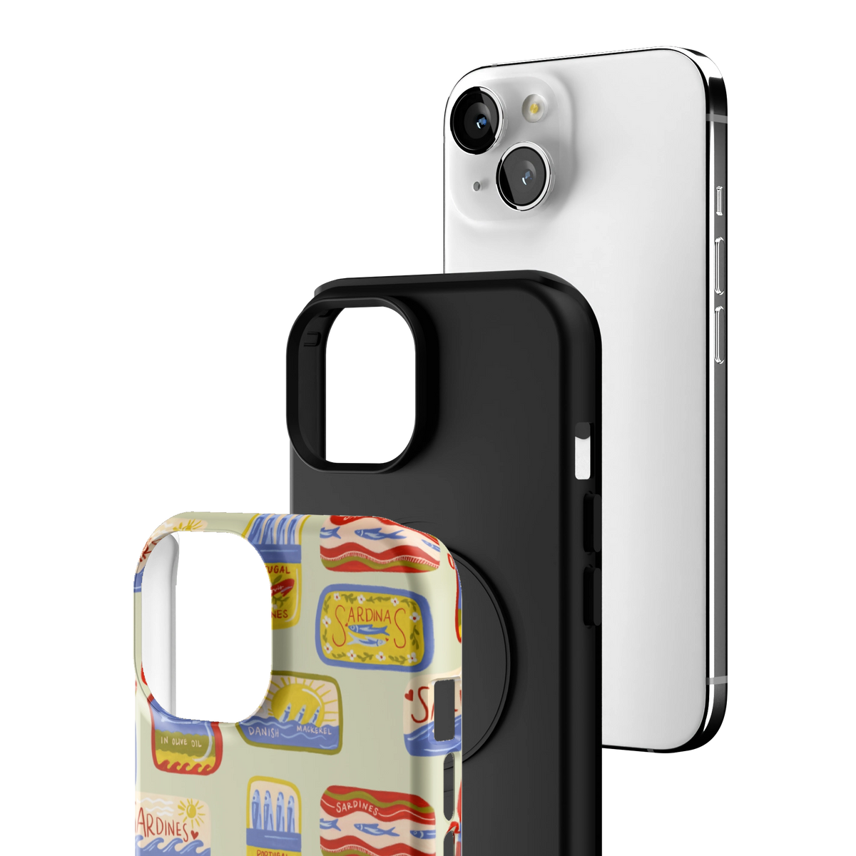 Exploded view of the Sardines iPhone 15 case: printed shell, black inner layer with MagSafe ring, and phone