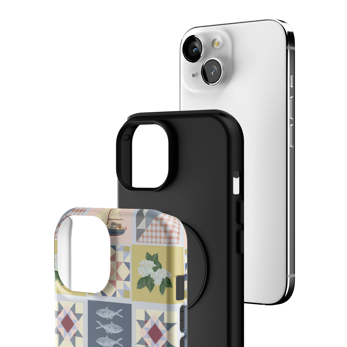 Exploded view of the Coastal Quilt iPhone 15 case: printed shell, black inner layer with MagSafe ring, and phone