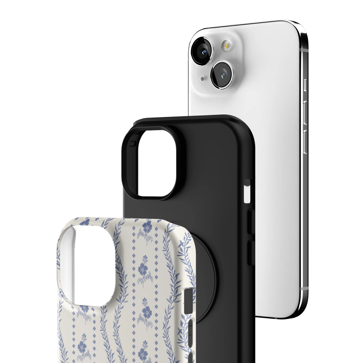 Exploded view of the Riviera iPhone 15 case: printed shell, black inner layer with MagSafe ring, and phone