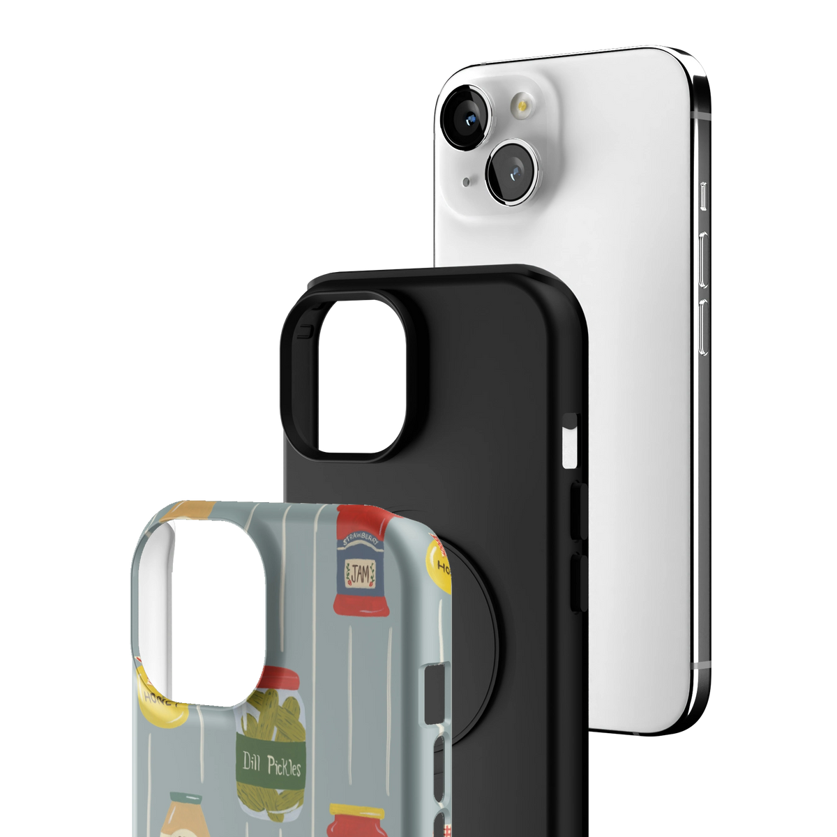 Exploded view of the Preserves Personalized iPhone 15 case: printed shell, black inner layer with MagSafe ring, and phone