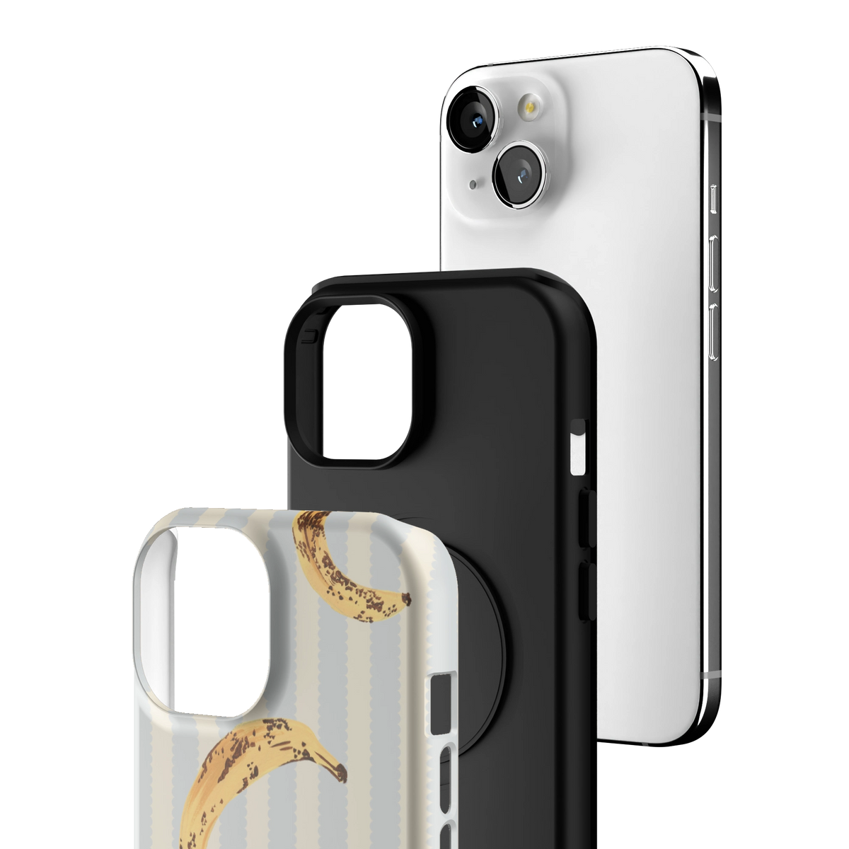 Exploded view of the Striped Bananas Personalized iPhone 15 case: printed shell, black inner layer with MagSafe ring, and phone