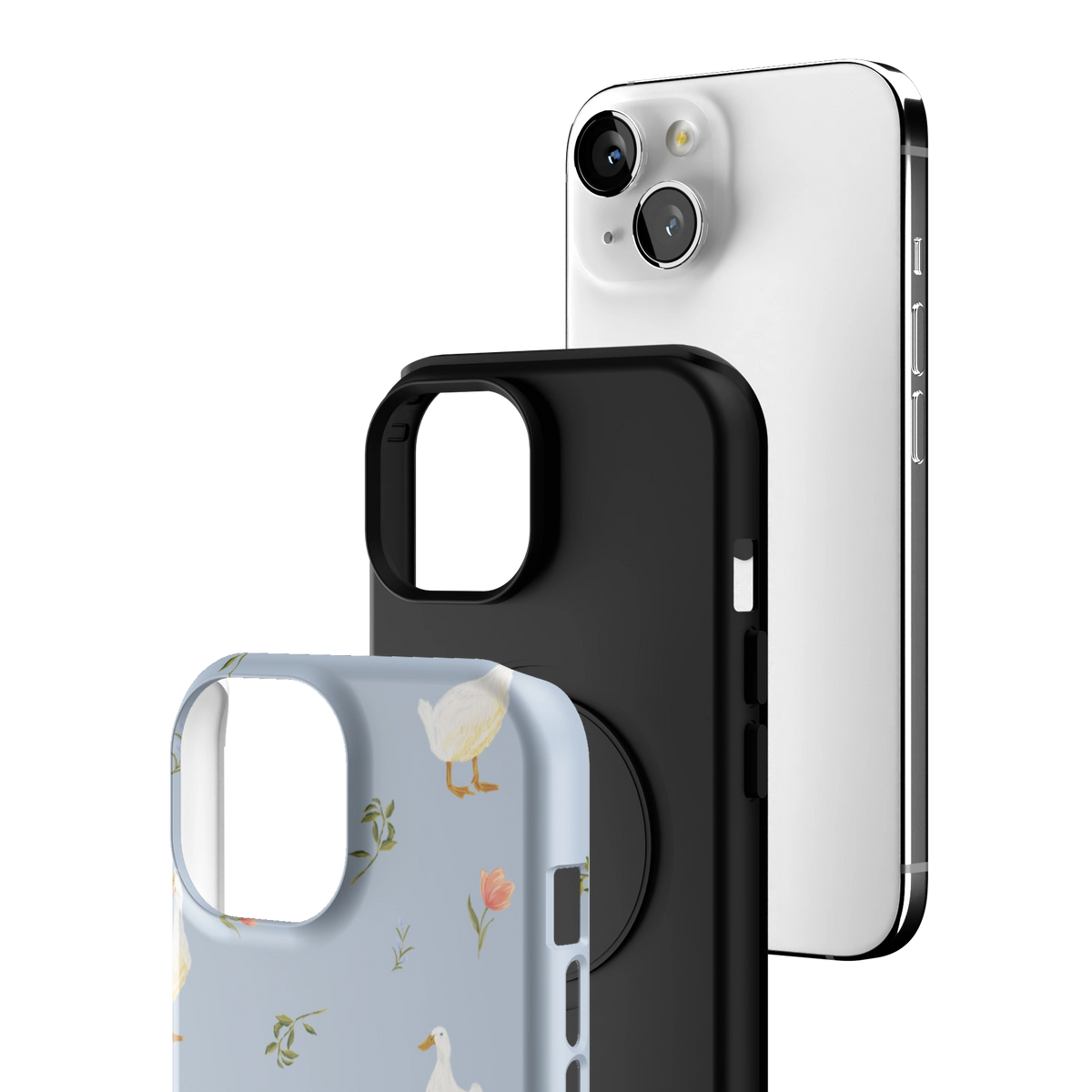 Exploded view of the Ducks iPhone 15 case: printed shell, black inner layer with MagSafe ring, and phone