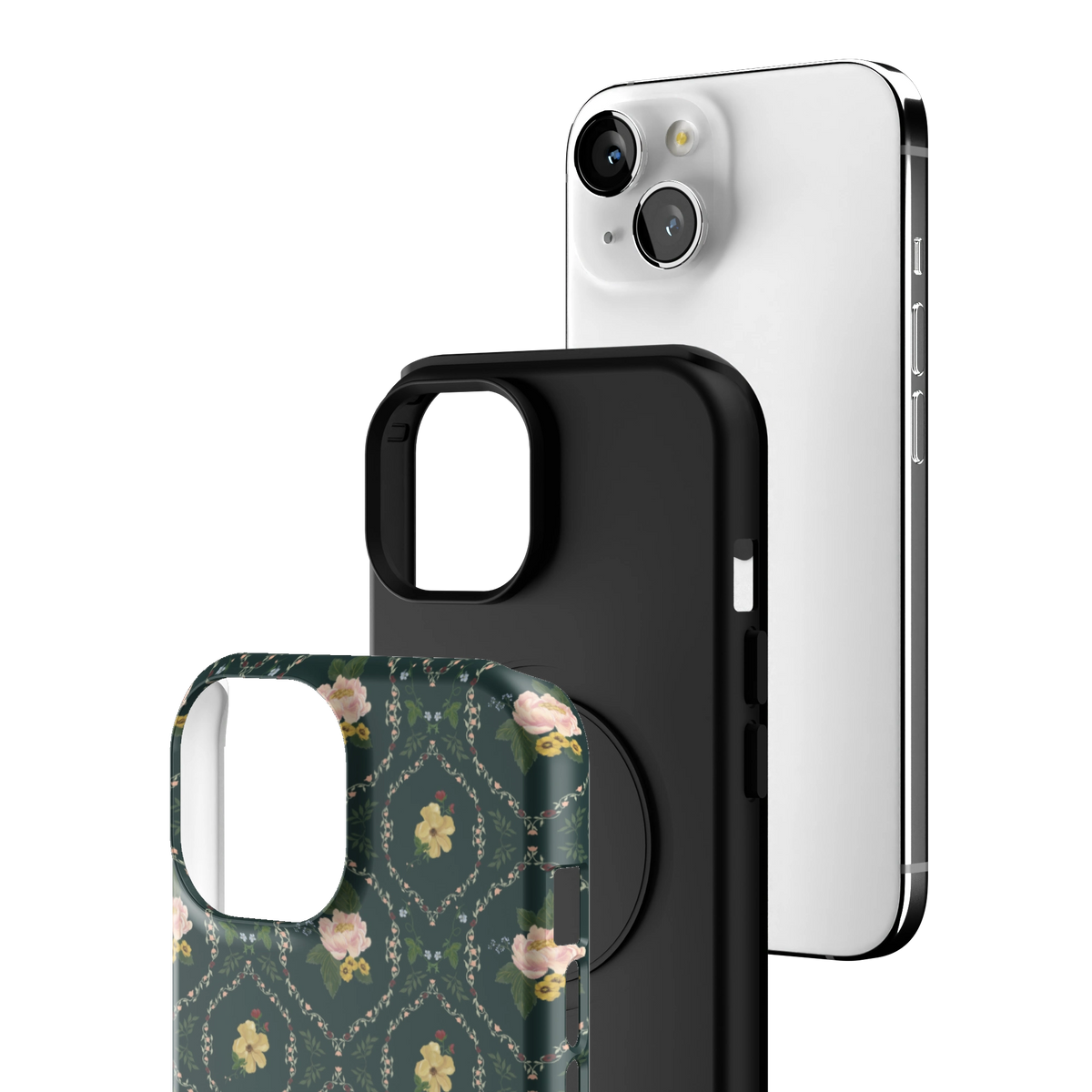 Exploded view of the Meadow iPhone 15 case: printed shell, black inner layer with MagSafe ring, and phone
