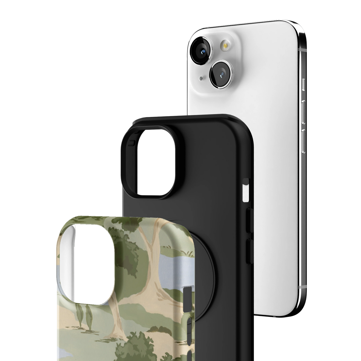 Exploded view of the Orchard iPhone 15 case: printed shell, black inner layer with MagSafe ring, and phone