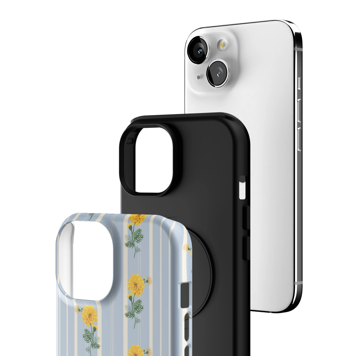 Exploded view of the October Birth Month iPhone 15 case: printed shell, black inner layer with MagSafe ring, and phone