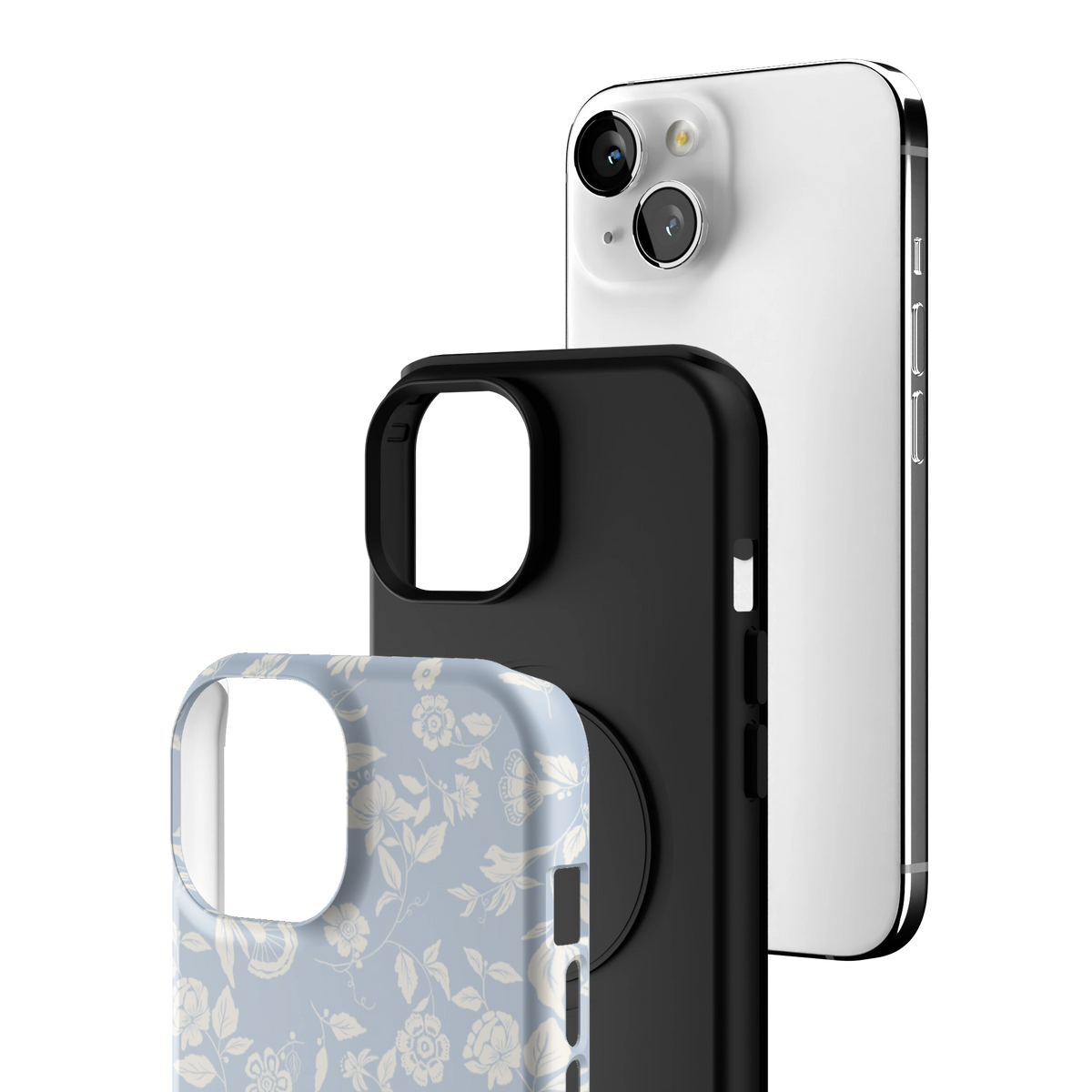 Exploded view of the Spritz iPhone 15 case: printed shell, black inner layer with MagSafe ring, and phone
