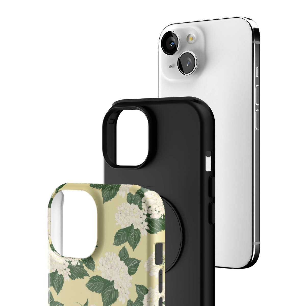 Exploded view of the Hydrangea iPhone 15 case: printed shell, black inner layer with MagSafe ring, and phone