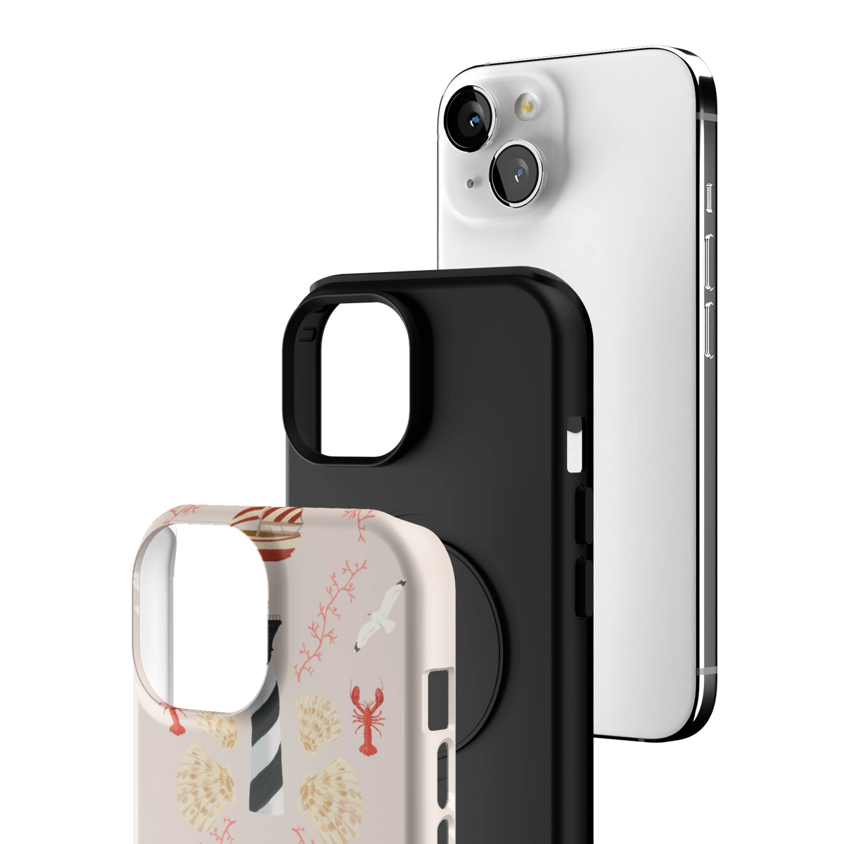 Exploded view of the Lighthouse Personalized iPhone 15 case: printed shell, black inner layer with MagSafe ring, and phone