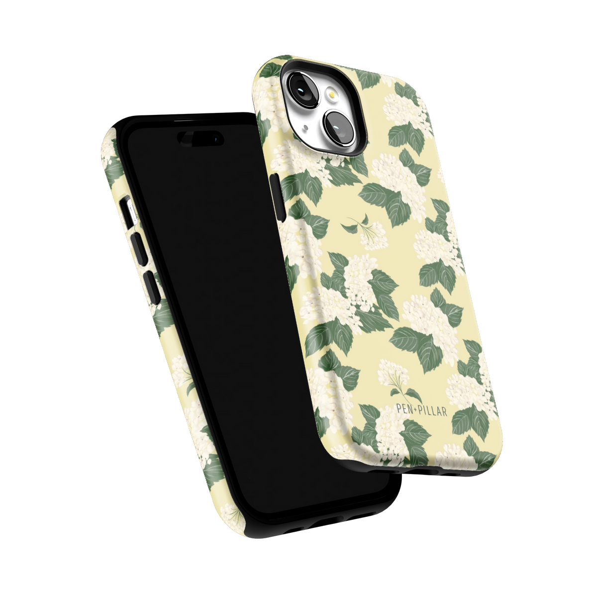 Hydrangea iPhone 15 case tilted to show the raised edges around the screen and camera