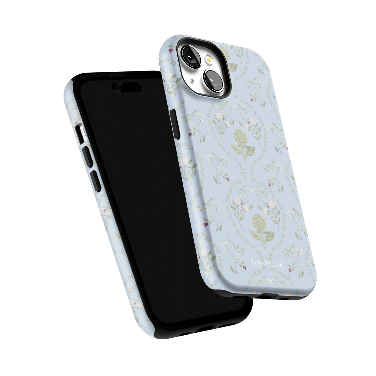 Artichoke iPhone 15 case tilted to show the raised edges around the screen and camera