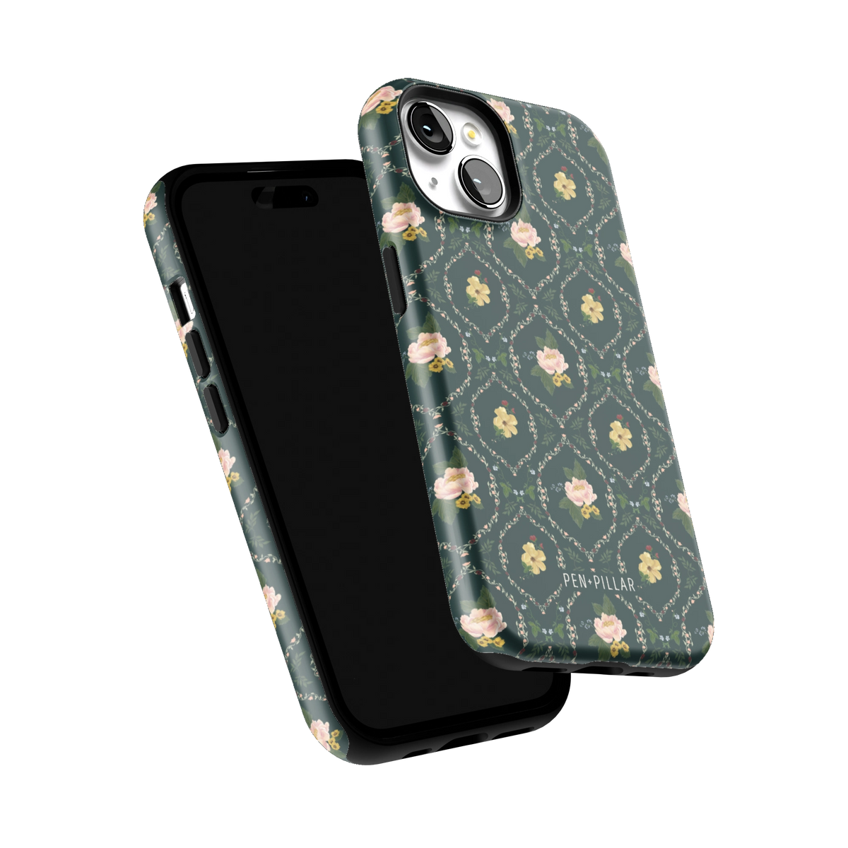 Meadow iPhone 15 case tilted to show the raised edges around the screen and camera