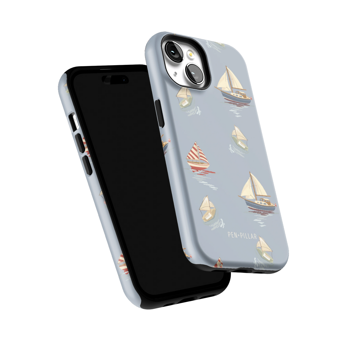 Harbor iPhone 15 case tilted to show the raised edges around the screen and camera
