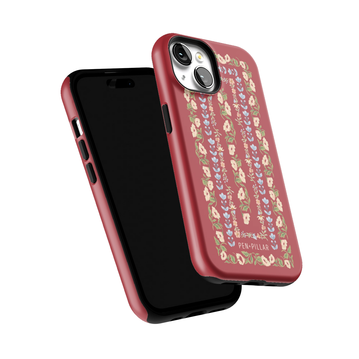 Fiona iPhone 15 case tilted to show the raised edges around the screen and camera