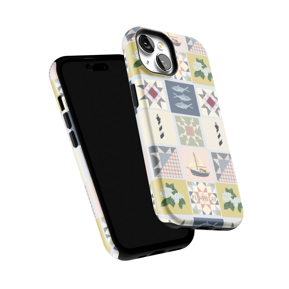 Coastal Quilt iPhone 15 case tilted to show the raised edges around the screen and camera