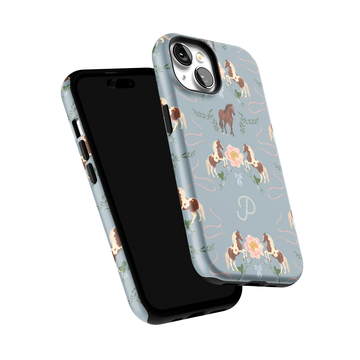 Prairie Personalized iPhone 15 case tilted to show the raised edges around the screen and camera