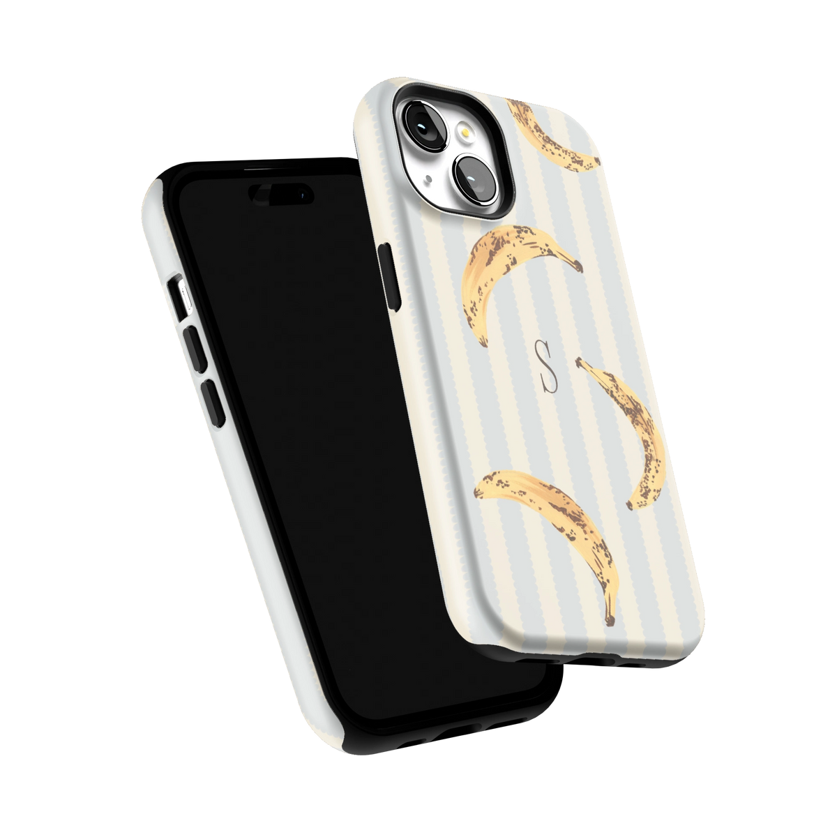 Striped Bananas Personalized iPhone 15 case tilted to show the raised edges around the screen and camera