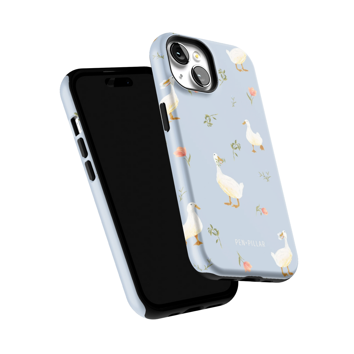 Ducks iPhone 15 case tilted to show the raised edges around the screen and camera