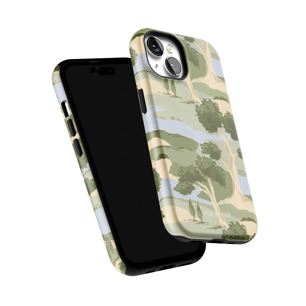 Orchard iPhone 15 case tilted to show the raised edges around the screen and camera