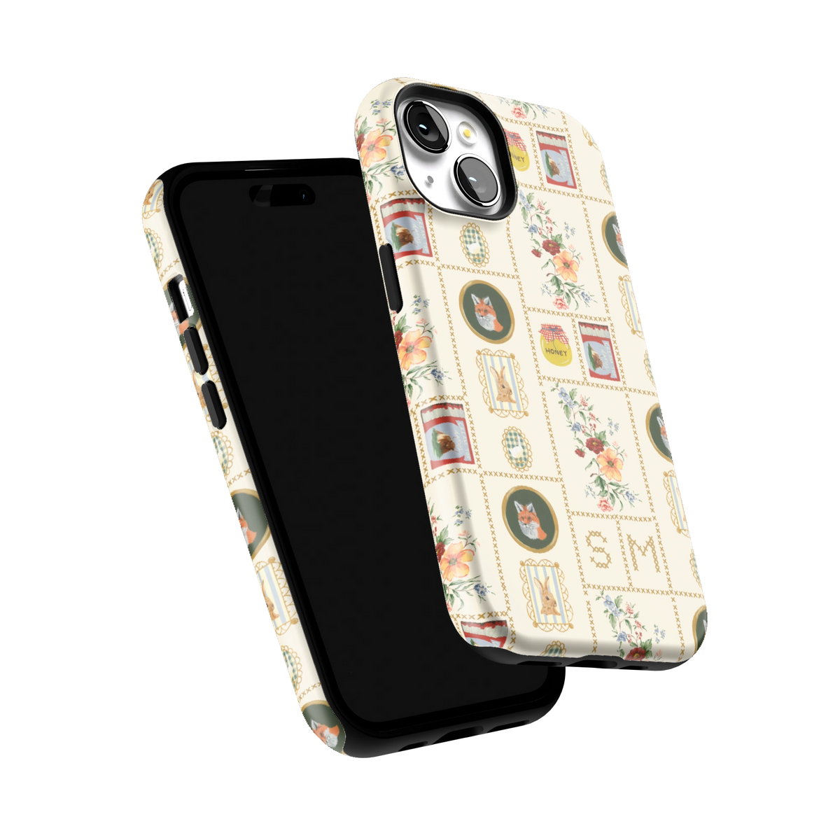 Sampler Personalized iPhone 15 case tilted to show the raised edges around the screen and camera