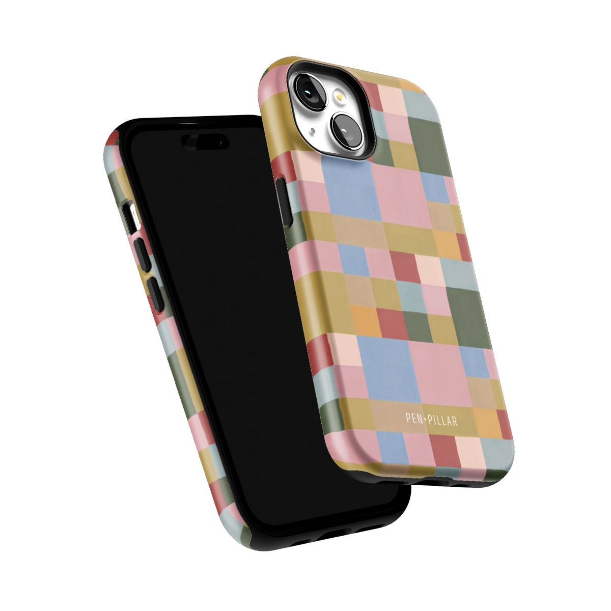 Colorblock iPhone 15 case tilted to show the raised edges around the screen and camera