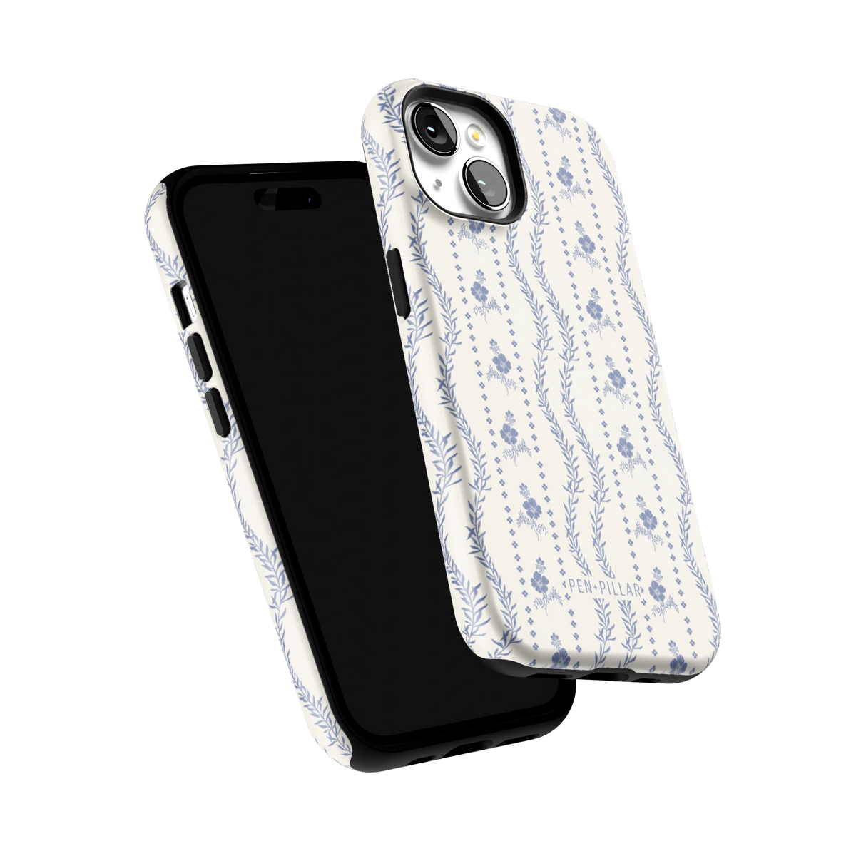 Riviera iPhone 15 case tilted to show the raised edges around the screen and camera