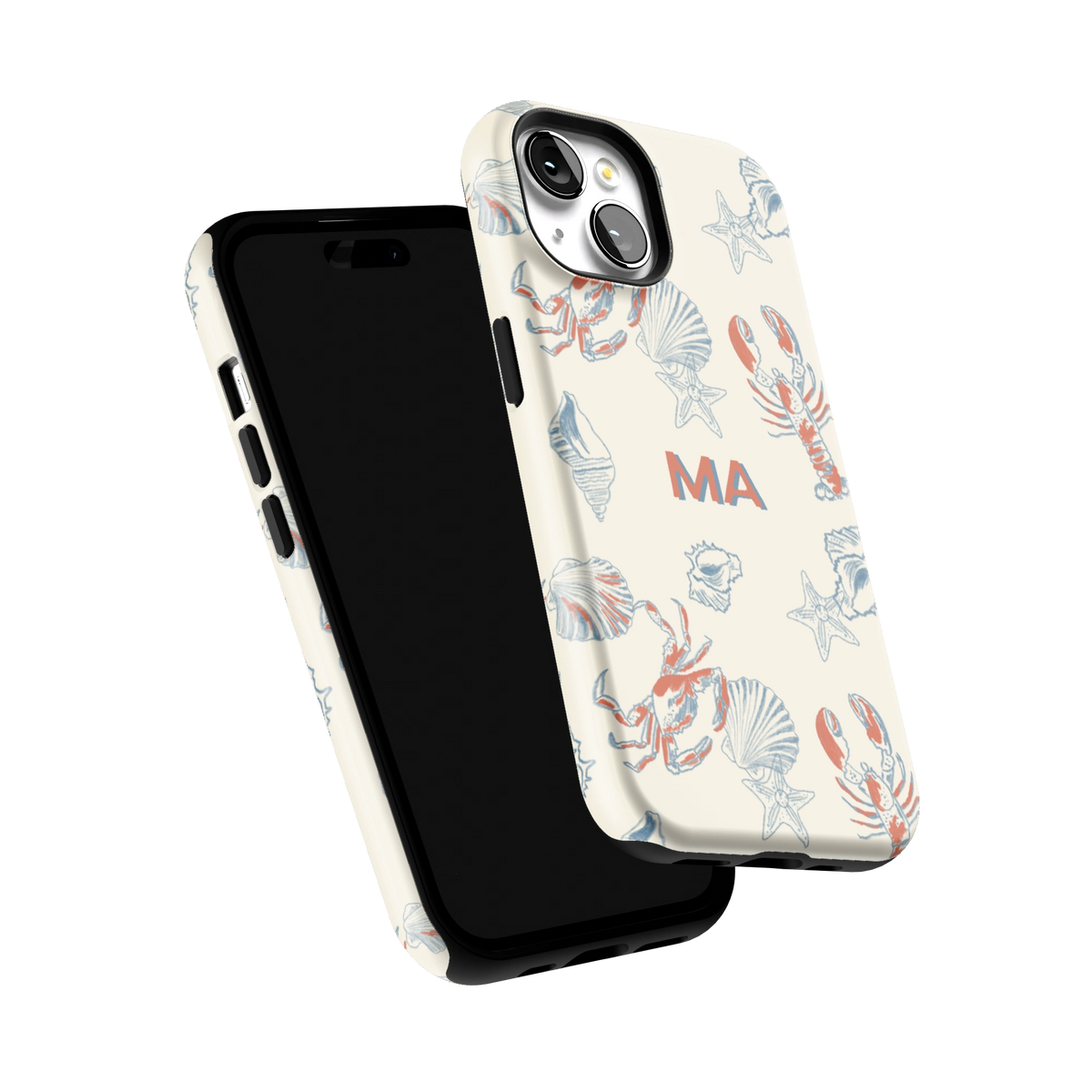 Mariner Personalized iPhone 15 case tilted to show the raised edges around the screen and camera