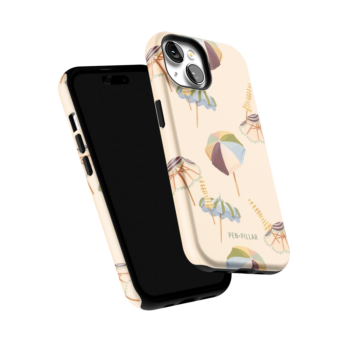 Umbrellas iPhone 15 case tilted to show the raised edges around the screen and camera