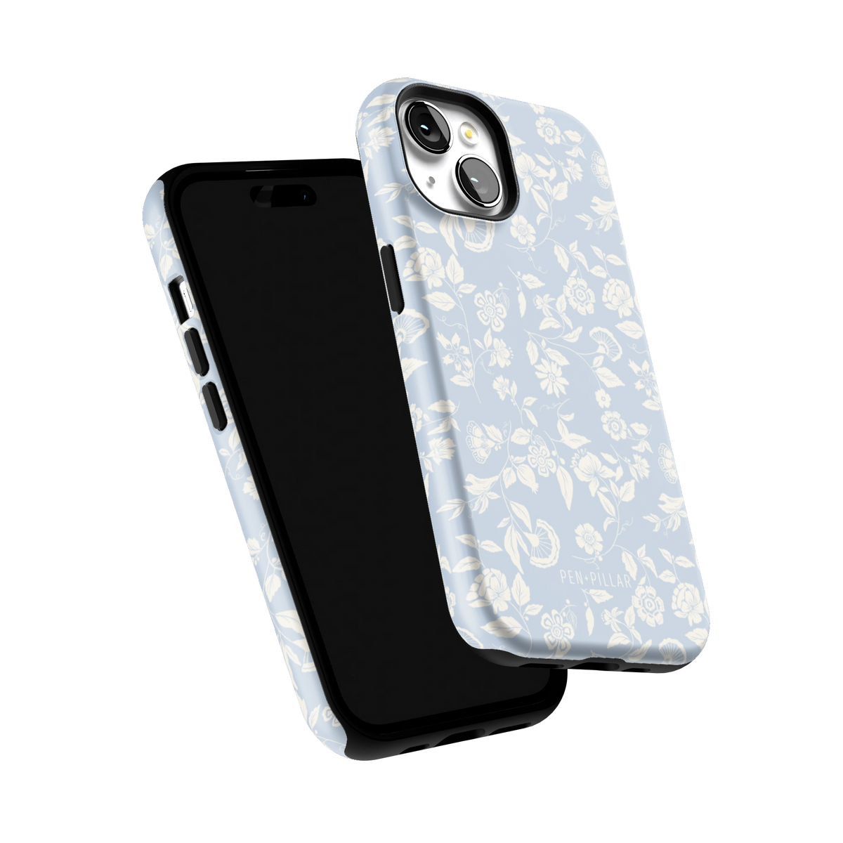 Spritz iPhone 15 case tilted to show the raised edges around the screen and camera