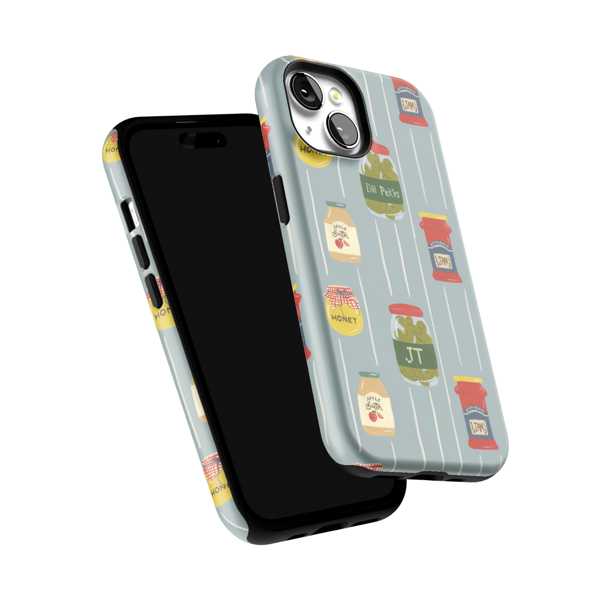 Preserves Personalized iPhone 15 case tilted to show the raised edges around the screen and camera