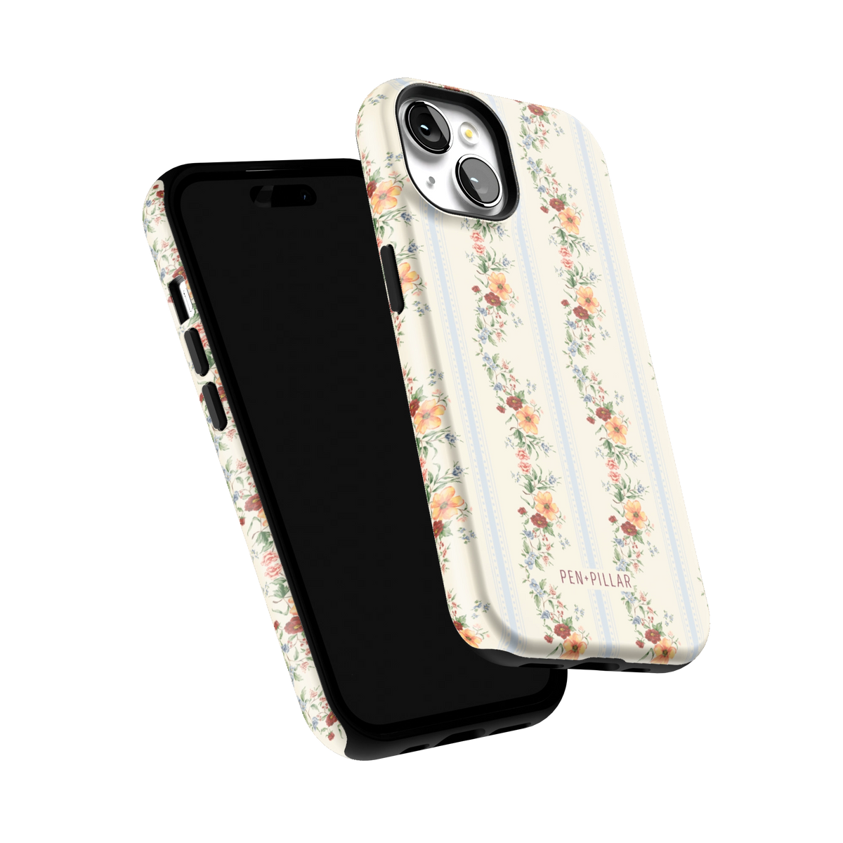 Wallflower iPhone 15 case tilted to show the raised edges around the screen and camera