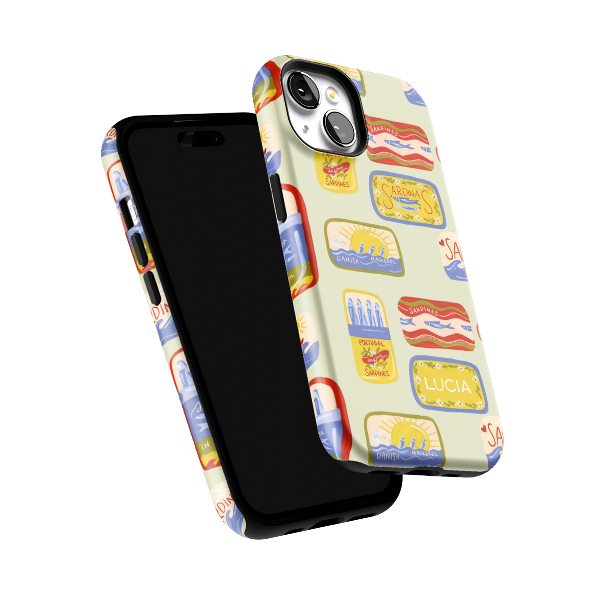 Sardines Personalized iPhone 15 case tilted to show the raised edges around the screen and camera
