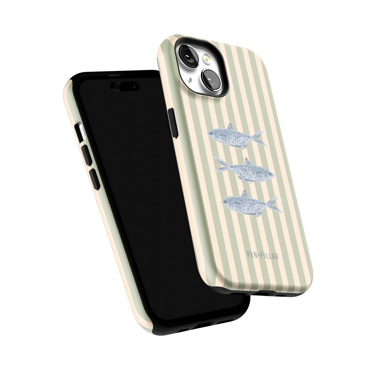 Sea Stripes iPhone 15 case tilted to show the raised edges around the screen and camera