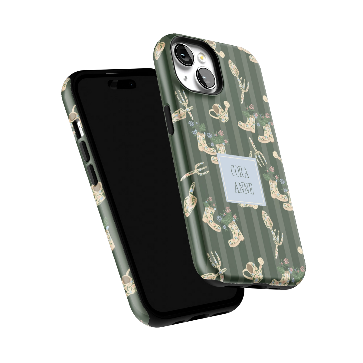 In the Garden Personalized iPhone 15 case tilted to show the raised edges around the screen and camera